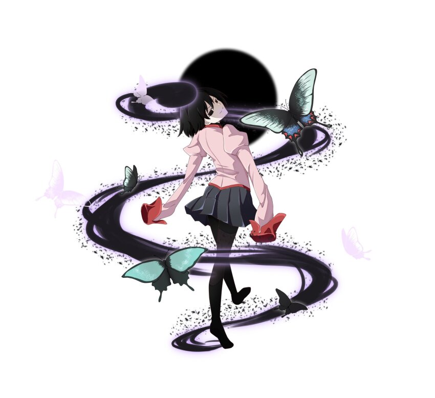 1girl arms_at_sides black_eyes black_hair black_hole black_pantyhose black_skirt bob_cut bug butterfly commentary empty_eyes from_behind full_body hair_between_eyes helix highres insect light_smile long_sleeves looking_at_viewer looking_back monogatari_(series) naoetsu_high_school_uniform no_shoes oshino_ougi owarimonogatari pale_skin pantyhose pink_shirt pleated_skirt puffy_sleeves school_uniform sennichikou/sagisou shaft_look shards shirt short_hair simple_background skirt sleeves_past_fingers sleeves_past_wrists smile solo spoilers swallowtail_butterfly the_darkness_(monogatari) walking white_background
