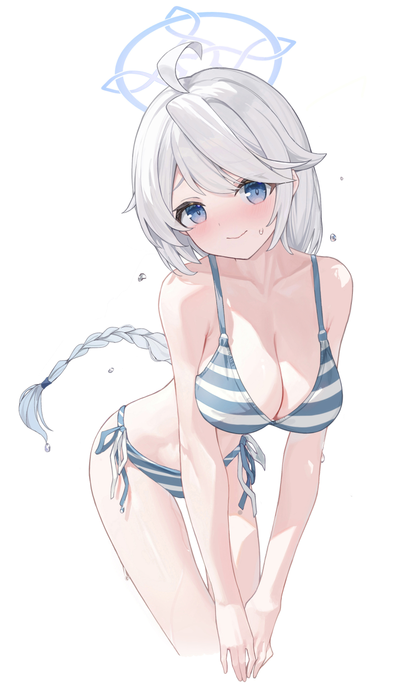 1girl absurdres ahoge bikini blue_archive blue_eyes blue_halo blush braid breasts embarrassed halo highres kirino_(blue_archive) large_breasts leaning_forward long_hair looking_at_viewer luo_shu side-tie_bikini_bottom single_braid smile solo striped_bikini striped_clothes swimsuit very_long_hair white_background white_hair