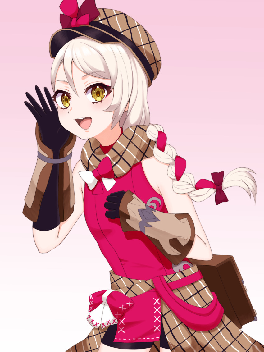 1girl :d absurdres armpit_crease bare_shoulders black_gloves blonde_hair bow braid brown_scarf commentary_request fire_emblem fire_emblem_engage framme_(fire_emblem) gloves hat highres long_hair looking_at_viewer multicolored_hair nintendo open_mouth partial_commentary pink_background pink_hair plaid_clothes plaid_scarf red_bow scarf simple_background single_braid smile solo tbjj1208 two-tone_hair yellow_eyes