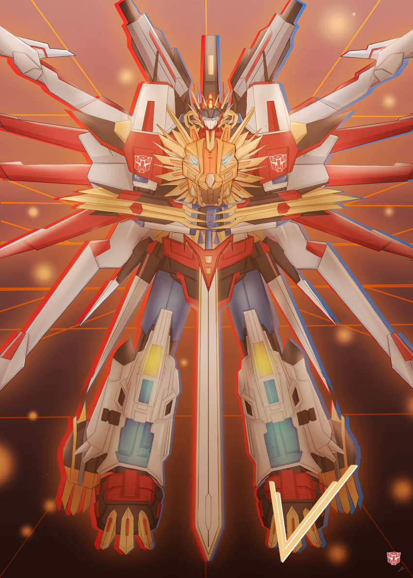 absurdres autobot blue_eyes cannon destiny123456 flame_toys full_body glowing glowing_eyes gun highres holding holding_sword holding_weapon insignia machine machinery mecha mecha_focus mechanical_wings no_humans robot science_fiction shoulder_cannon solo star_saber_(transformers) sword transformers transformers:_return_of_convoy transformers_victory transformers_zone victory_leo victory_saber weapon wings