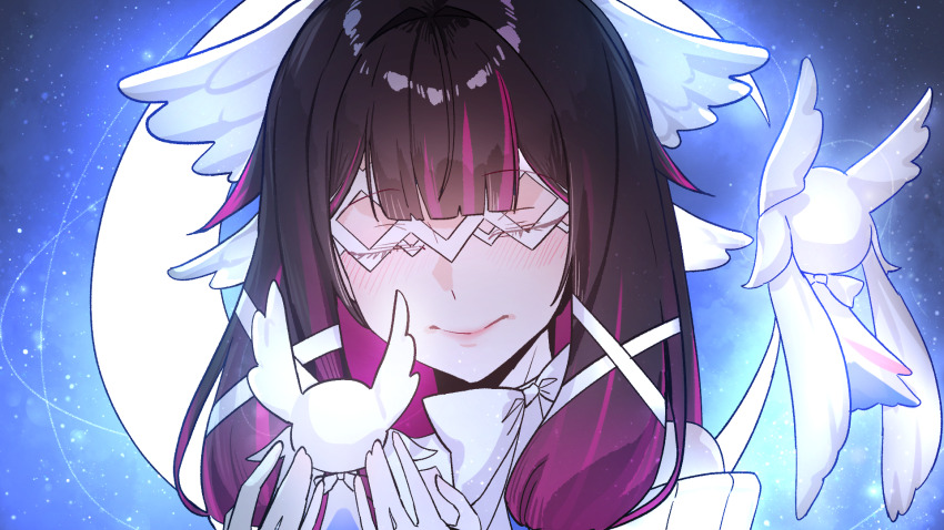 1girl black_hair blush bow close-up closed_mouth columbina_(genshin_impact) feathered_wings genshin_impact gloves hair_ribbon head_wings highres ilsae long_hair multicolored_hair purple_hair ribbon solo streaked_hair white_bow white_gloves white_ribbon white_wings wings