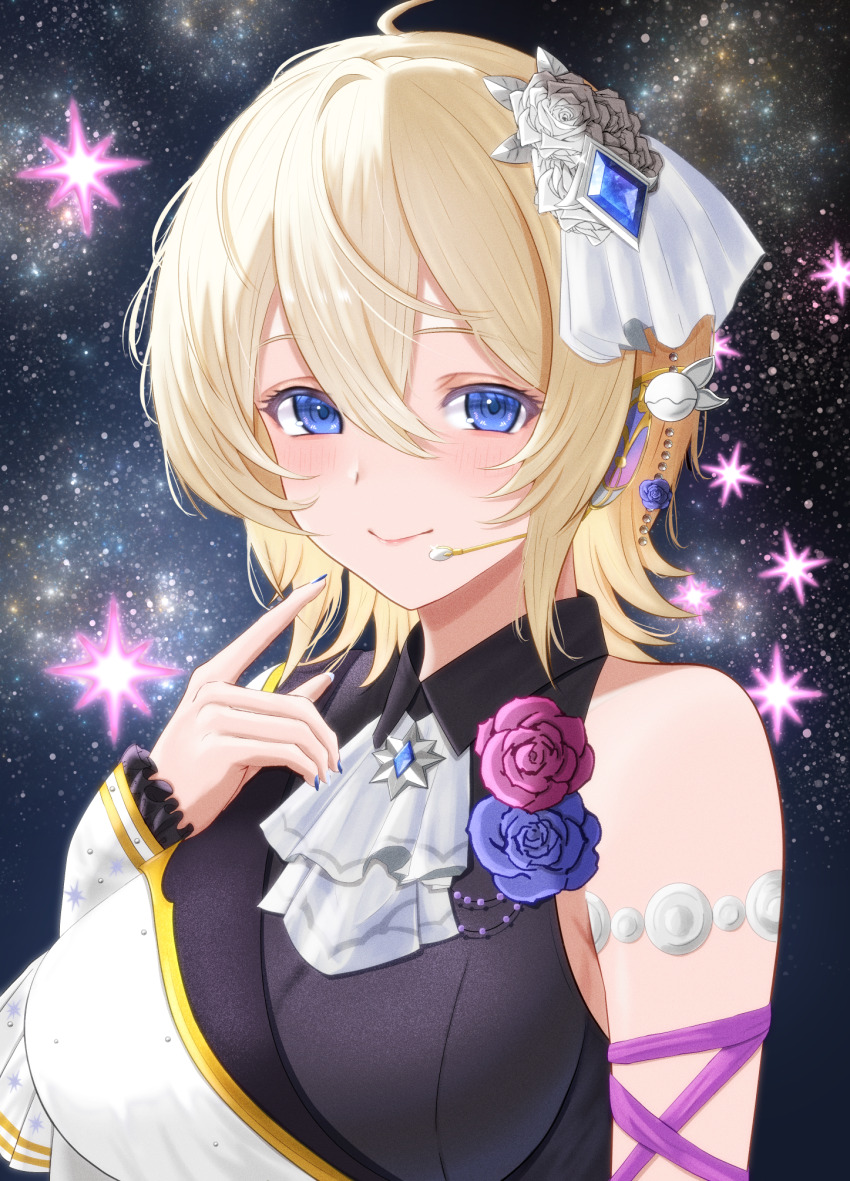 1girl armpit_crease ascot black_shirt blonde_hair blue_eyes blue_nails breasts europa_(granblue_fantasy) flower granblue_fantasy hair_ornament hand_up headset highres hilda_sakura large_breasts post_guild_war_celebration shirt short_hair sky smile solo star_(sky) starry_sky upper_body white_ascot