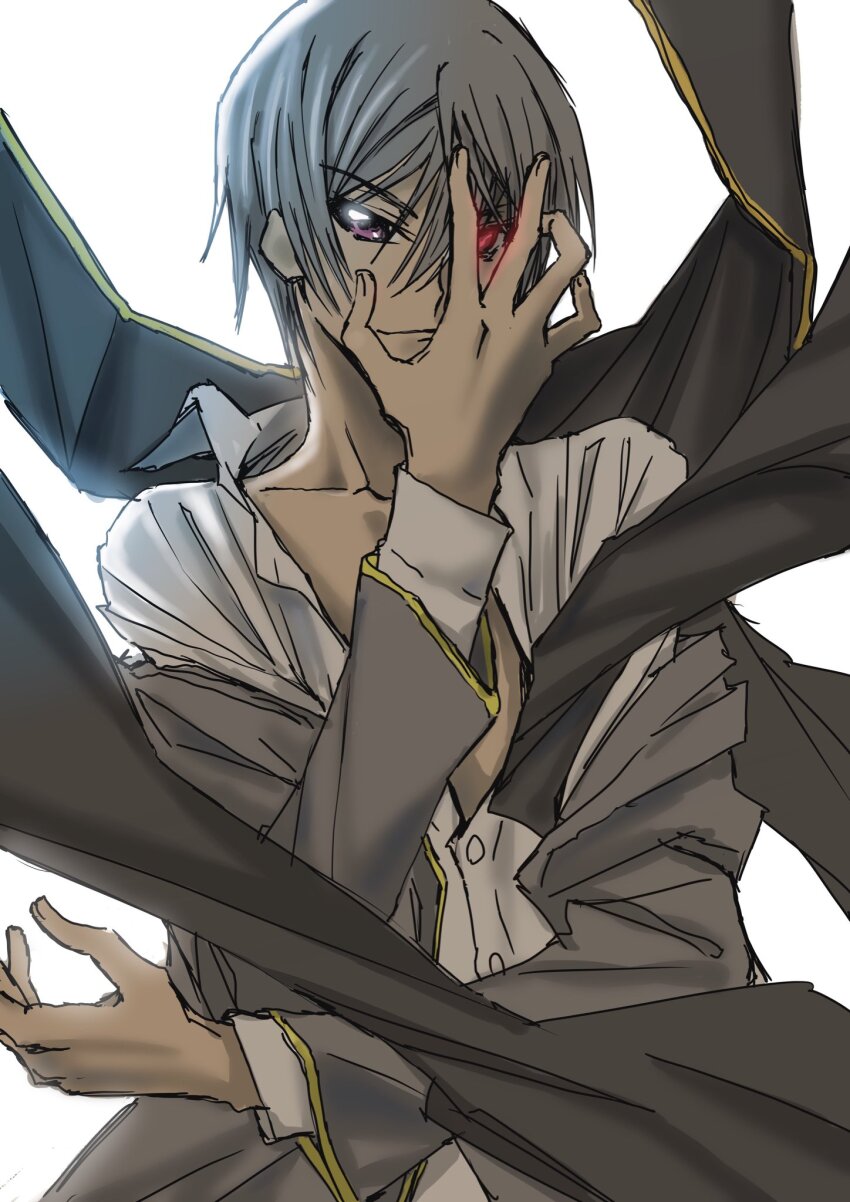 1boy alternate_hair_color code_geass geass glowing glowing_eye grey_hair grey_jacket heterochromia highres jacket kudou_masashi lelouch_vi_britannia male_focus partially_unbuttoned purple_eyes red_eyes shirt smile solo upper_body v-shaped_eyebrows white_shirt