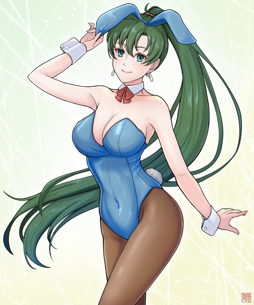 1girl absurdres alternate_costume animal_ears bare_shoulders blue_leotard breasts brown_pantyhose cleavage closed_mouth commentary_request covered_navel detached_collar earrings fake_animal_ears fake_tail fire_emblem fire_emblem:_the_blazing_blade floating_hair green_eyes green_hair highres jewelry kousetu0506 leotard long_hair looking_at_viewer lyn_(fire_emblem) medium_breasts neck_ribbon nintendo orange_ribbon pantyhose playboy_bunny ponytail rabbit_ears rabbit_tail ribbon simple_background smile solo strapless strapless_leotard tail very_long_hair wrist_cuffs
