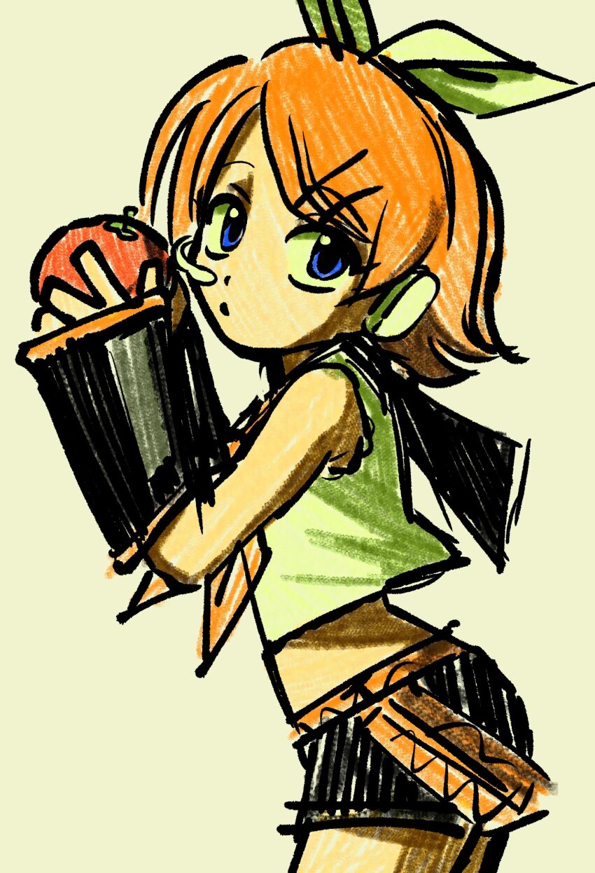 1girl bare_shoulders black_sailor_collar black_shorts black_sleeves blonde_hair blue_eyes bow crop_top detached_sleeves flat_chest food fruit hair_bow hair_ornament hairclip hatching_(texture) headphones headset highres holding holding_food holding_fruit holding_orange kagamine_rin linear_hatching looking_at_viewer narrow_waist neckerchief open_mouth sailor_collar shirt short_hair shorts sketch sleeveless sleeveless_shirt solo t0ngue2 vocaloid white_bow yellow_neckerchief