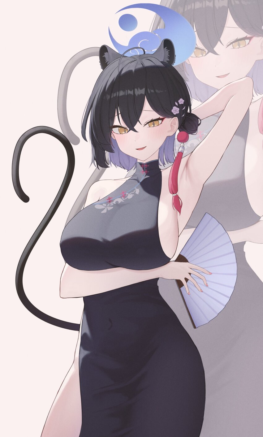 1girl absurdres ahoge animal_ears arm_behind_head arm_under_breasts arm_up armpits bare_arms bare_shoulders black_dress black_hair blue_archive breasts china_dress chinese_clothes cowboy_shot dress extra_ears halo hand_fan hashtag-only_commentary highres holding holding_fan kaguya_(blue_archive) large_breasts looking_at_viewer open_mouth seungju short_hair side_slit sideboob sleeveless sleeveless_dress smile solo tail uneven_eyes white_background yellow_eyes zoom_layer