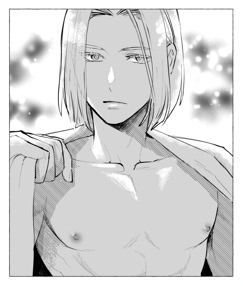 1boy abs bishounen commentary_request expressionless ferdinand_(honzuki_no_gekokujou) greyscale highres hitsuki_(hiidukii) honzuki_no_gekokujou light_frown male_focus medium_hair monochrome open_clothes open_shirt solo toned toned_male upper_body