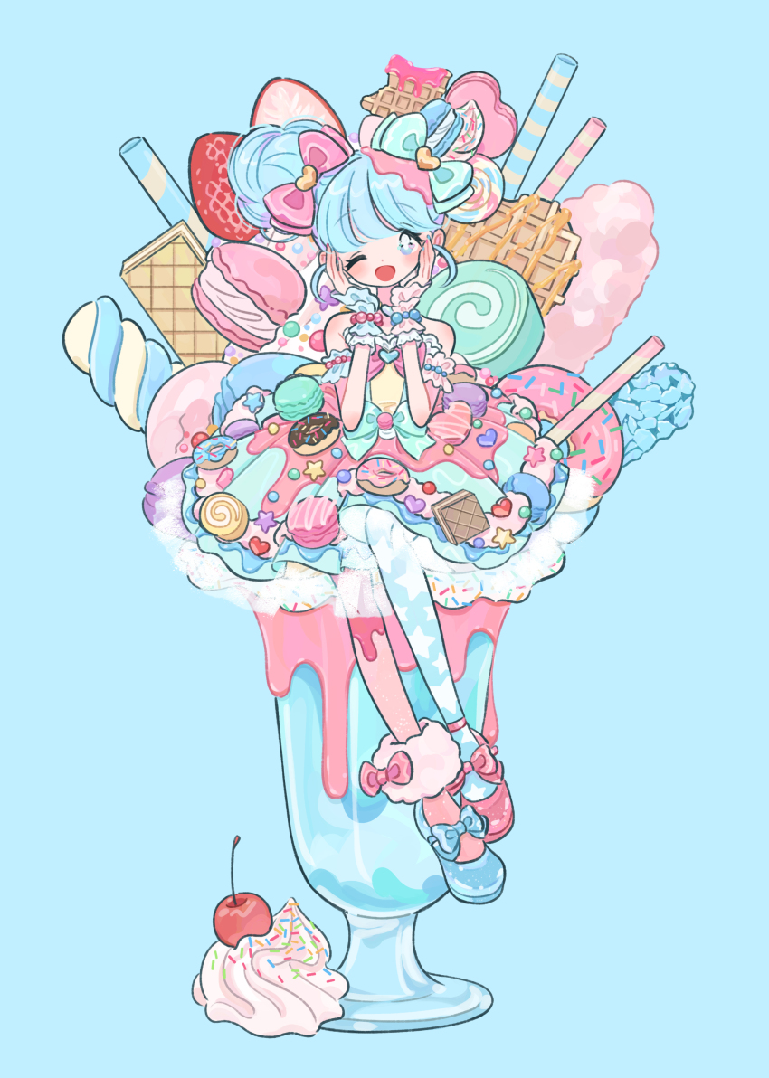 1girl :d absurdres asymmetrical_footwear asymmetrical_legwear bare_shoulders blue_background blue_hair bow bright_pupils cherry dessert dot_nose dress dress_bow drinking_straw food food-themed_clothes food-themed_hair_ornament fruit glass green_bow hair_bow hair_bun hair_ornament hands_on_own_cheeks hands_on_own_face hands_up highres looking_at_viewer macaron medium_dress mini_person minigirl mokume_rin one_eye_closed open_mouth original parfait pink_bow pink_dress simple_background single_side_bun sitting sleeveless sleeveless_dress smile solo star_(symbol) star_print straight-on strapless strapless_dress wafer white_pupils