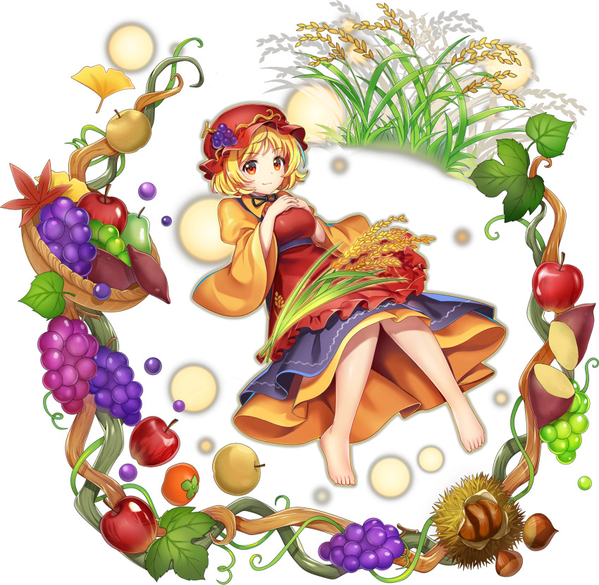 1girl :3 aki_minoriko apple apron autumn_leaves bare_legs barefoot black_skirt blonde_hair breasts chestnut closed_mouth collared_shirt food frilled_apron frills fruit full_body game_cg ginkgo_leaf grape_hat_ornament grapes happy hat highres juliet_sleeves leaf long_sleeves looking_at_viewer maple_leaf medium_breasts mob_cap nashi_pear neck_ribbon official_art orange_shirt pear persimmon petticoat puffy_sleeves red_apron red_hat ribbon rotte_(1109) shirt skirt smile solo suspender_skirt suspenders sweet_potato third-party_source toes touhou touhou_lostword transparent_background vegetable wheat wide_sleeves yellow_eyes