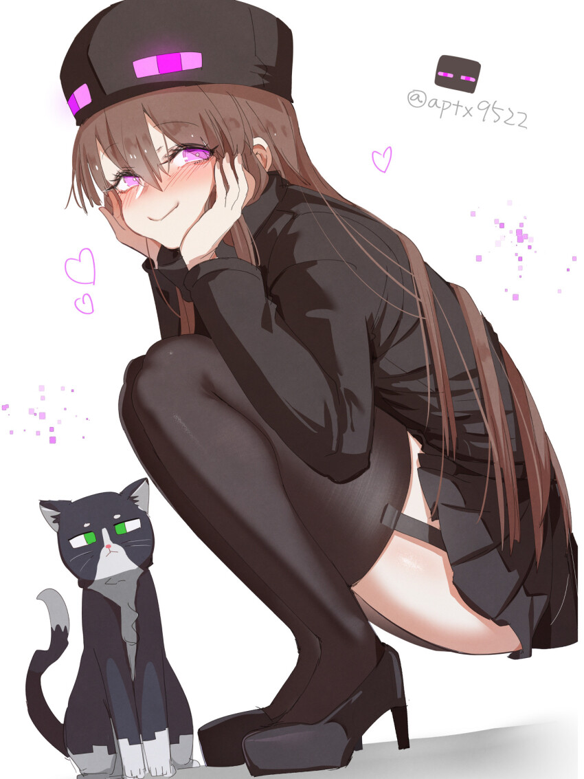 1girl animal at2. black_footwear black_thighhighs blush brown_hair cat enderman garter_straps high_heels highres long_hair looking_at_viewer minecraft mob_talker personification pink_eyes pleated_skirt skirt smile solo squatting thighhighs very_long_hair