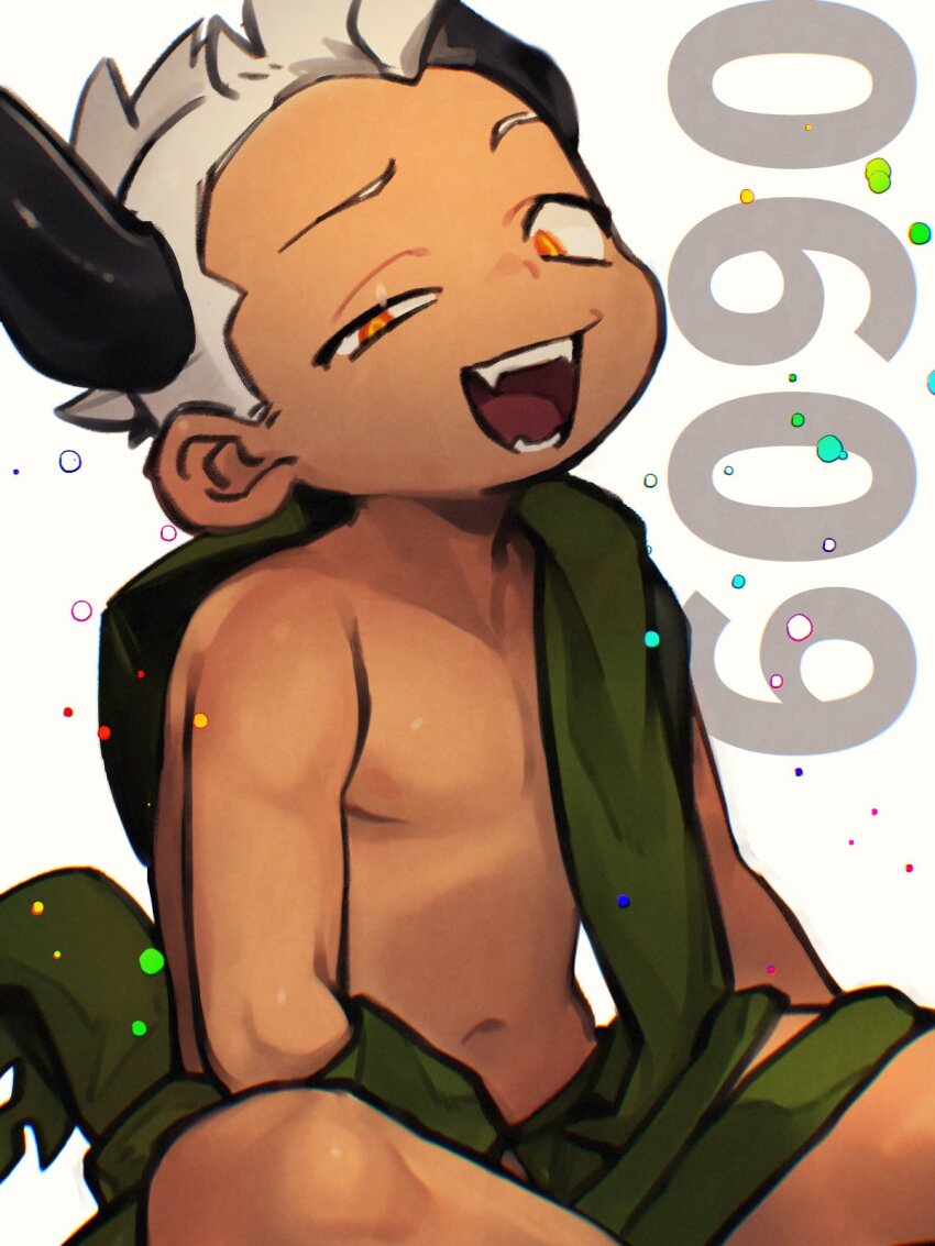1boy asymmetrical_eyes azathoth_(housamo) black_horns fangs highres horns indian_style male_focus mid_(mid_skb) navel open_mouth orange_eyes short_hair sitting solo tan tokyo_houkago_summoners topless_male white_background white_hair