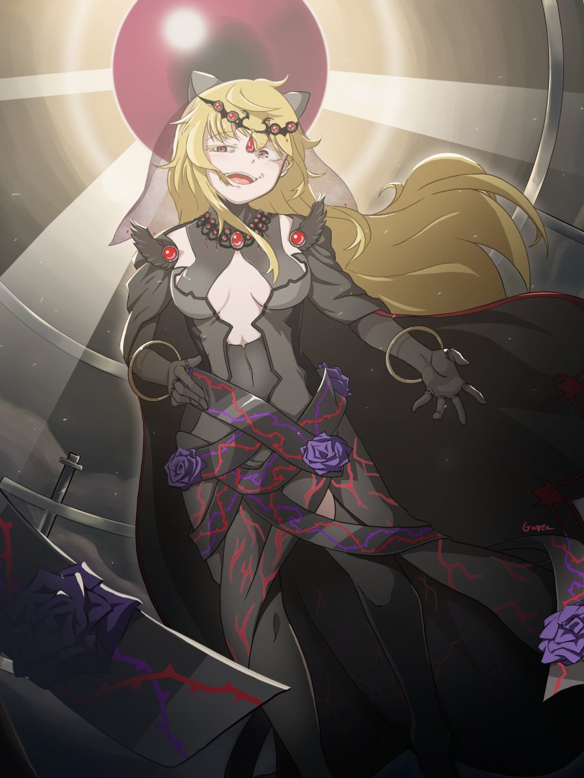 1girl absurdres ahoge black_gloves blonde_hair breasts cape cleavage_cutout clothing_cutout colored_eyelashes cowlick crazy_eyes dress evil_smile flower gloves guyca_braves hand_on_own_hip highres isabeau_de_baviere_(madoka_magica) jewelry large_breasts long_dress long_hair magia_record:_mahou_shoujo_madoka_magica_gaiden mahou_shoujo_madoka_magica mahou_shoujo_tart_magica messy_hair outdoors outstretched_arm pink_eyes queen ring rose smile solo tall_female wavy_hair