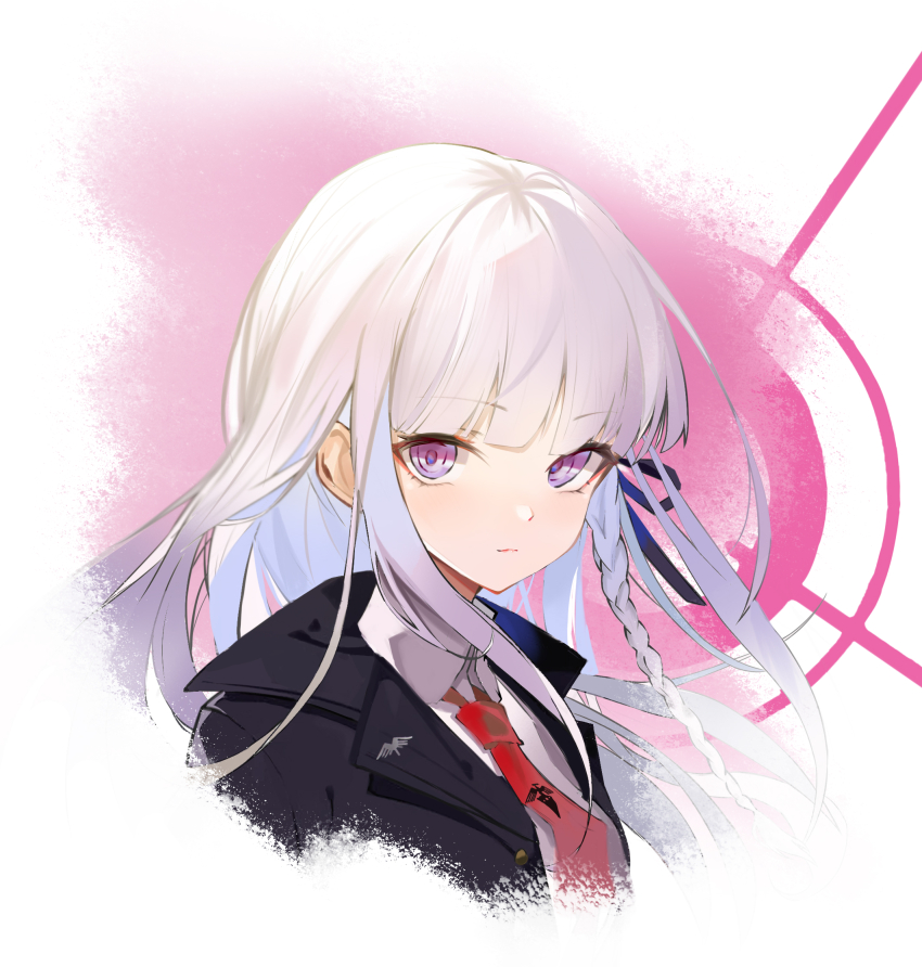 1girl black_jacket blood braid collared_shirt cropped_shoulders danganronpa:_trigger_happy_havoc danganronpa_(series) grey_shirt highres jacket kirigiri_kyoko long_hair looking_at_viewer necktie open_clothes open_jacket paheide_guang pink_background pink_blood pink_eyes red_necktie shirt side_braid simple_background single_braid smile solo white_background white_hair