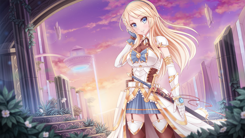 1girl armor armored_dress blonde_hair blue_eyes blush breasts commentary corset cowboy_shot crystalline dress faulds female_focus fingerless_gloves garter_straps gauntlets gloves hairband hand_on_own_cheek hand_on_own_face highres leanna_dawn medium_breasts sheath sheathed single_gauntlet skirt smile solo sunimu sword thighhighs weapon zettai_ryouiki