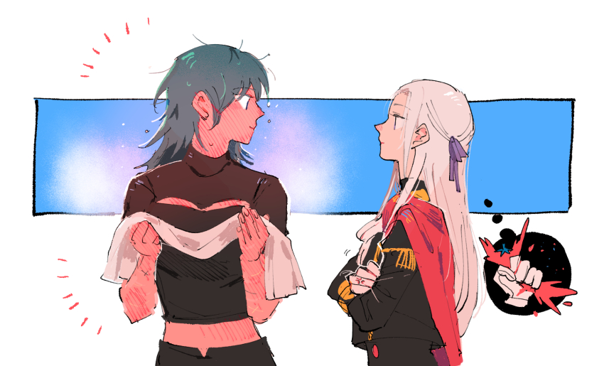 13degree 2girls black_shirt black_shorts blue_eyes female_byleth_(fire_emblem) capelet cleavage_cutout clothing_cutout couple crop_top crossed_arms edelgard_von_hresvelg fire_emblem fire_emblem:_three_houses from_side garreg_mach_monastery_uniform green_hair hair_between_eyes hair_ribbon hands_up highres holding holding_towel hot juliet_sleeves long_hair long_sleeves looking_at_another looking_down looking_up messy_hair multicolored_background multiple_girls nintendo parted_bangs puffy_sleeves purple_eyes purple_ribbon red_capelet ribbon shirt short_sleeves shorts speech_bubble standing steaming_body sunburn thought_bubble towel white_hair yuri