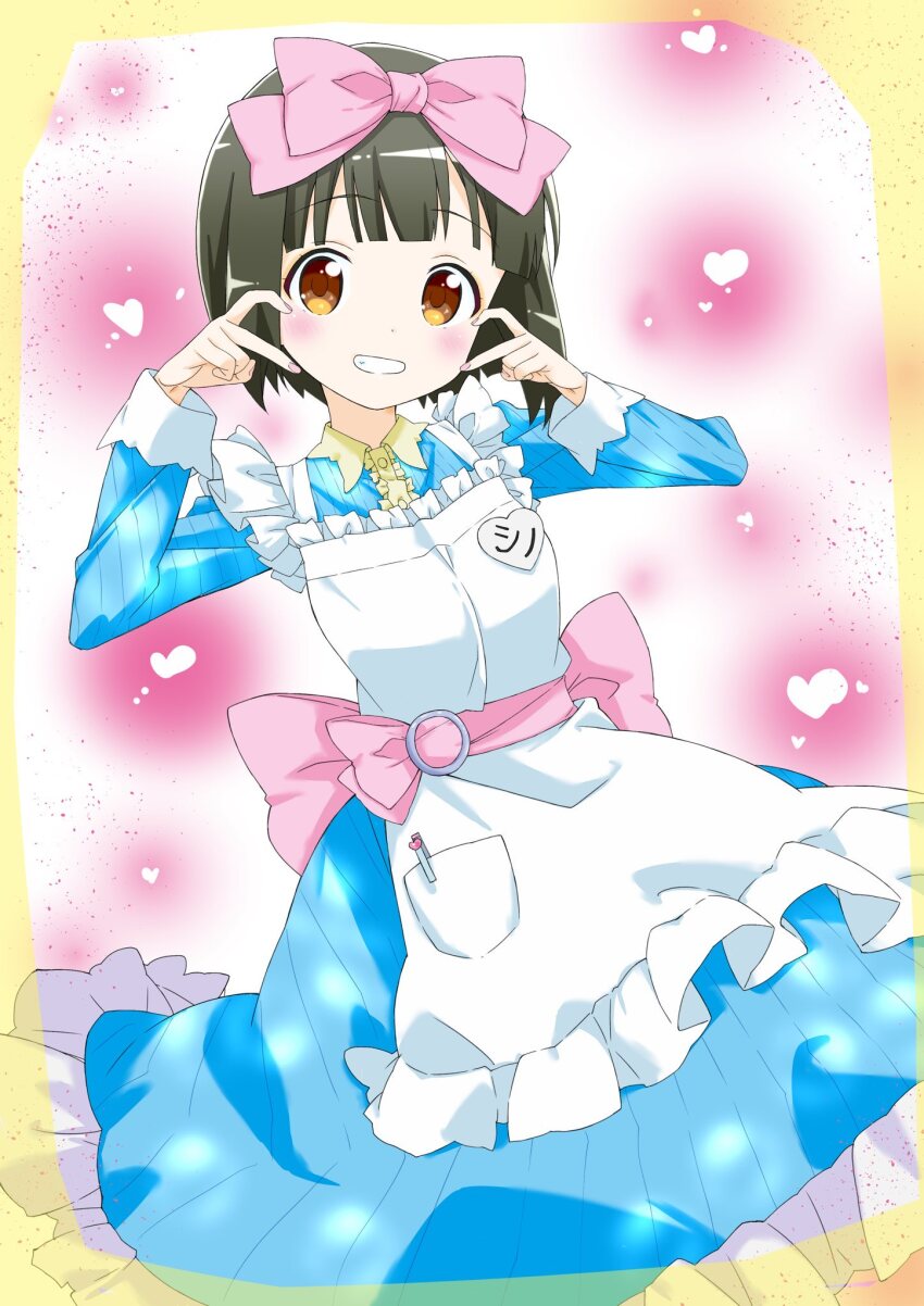 1girl :d abstract_background anime_coloring apron apron_pouch belt_bow birthday blue_dress blunt_bangs border bow breasts broken_heart_hands brown_eyes buttons collar collared_shirt commentary_request dot_nose double_v dress feet_out_of_frame finger_heart frilled_apron frills gang_sign green_hair grin hair_bow hands_up hara_yui_(style) heart heart_background highres kin-iro_mosaic koseki_masaru light_blush looking_at_viewer medium_breasts medium_hair official_alternate_costume official_art oomiya_shinobu open_mouth pink_bow pocket ribbed_dress shirt smile solo translation_request v white_apron white_collar yellow_border