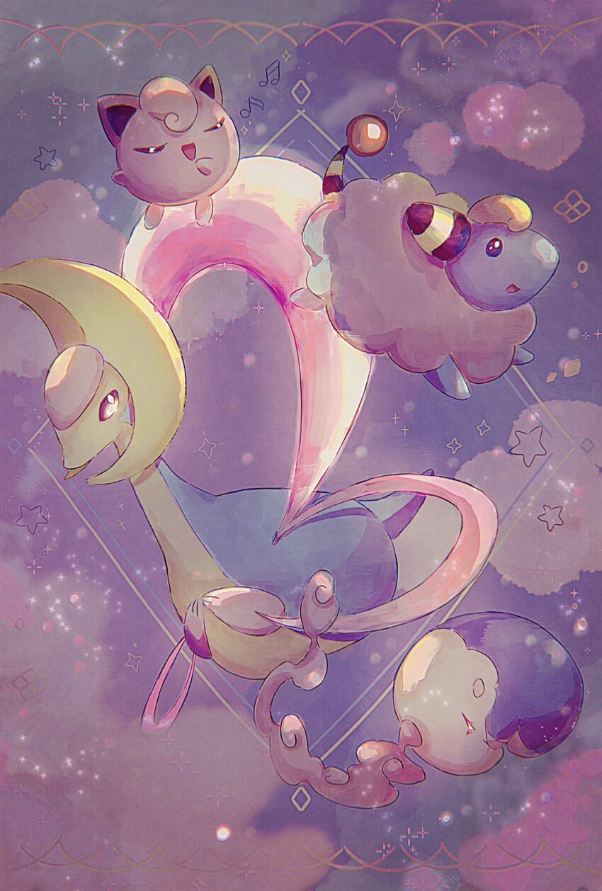 ank836 baku_(creature) black_eyes blue_skin blush_stickers bright_pupils closed_eyes cloud colored_sclera colored_skin cresselia floating flying fog gas gen_1_pokemon gen_2_pokemon gen_4_pokemon highres horns jigglypuff legendary_pokemon mareep multicolored_skin music nintendo no_humans open_mouth pink_eyes pink_fur pink_sclera pink_skin pokemon pokemon_(creature) pokemon_focus purple_skin sheep short_tail singing solid_circle_eyes star_(sky) star_(symbol) tail two-tone_skin u_u white_pupils wool yellow_skin