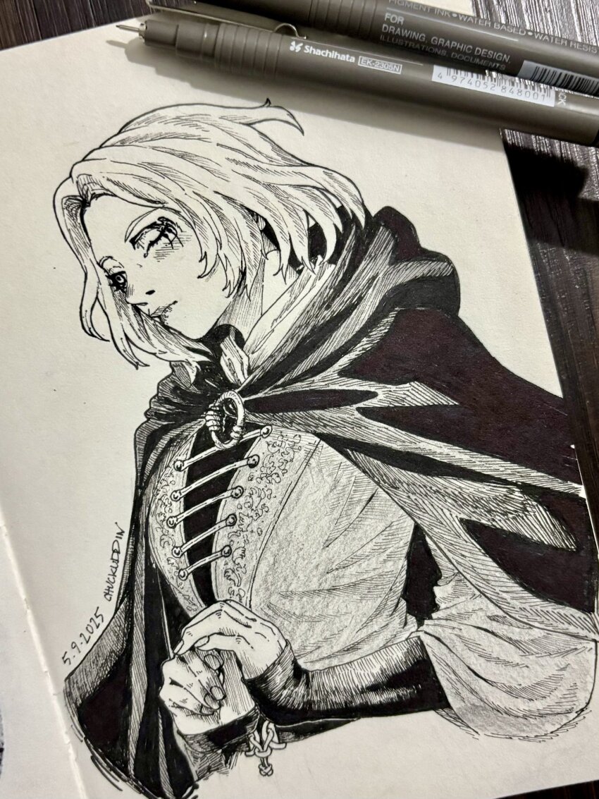 1girl art_tools_in_frame artist_name chuckuddin cloak closed_mouth commentary dated elden_ring english_commentary greyscale highres looking_ahead medium_hair melina_(elden_ring) monochrome one_eye_closed own_hands_together photo_(medium) scar solo traditional_media