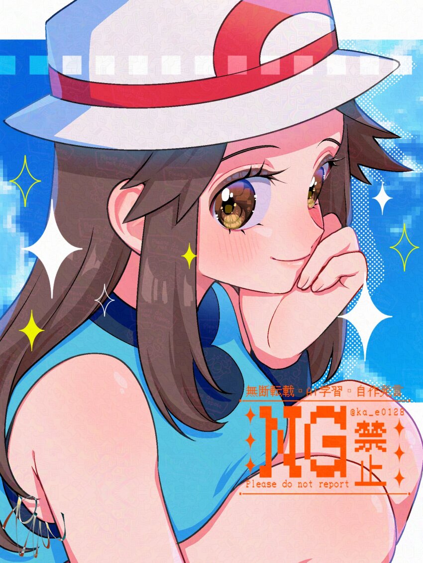 1girl blue_background blue_shirt brown_eyes brown_hair bucket_hat closed_mouth commentary eyelashes hair_flaps hana_e_(ka_e0128) hand_up happy hat head_rest highres leaf_(pokemon) long_hair nintendo pokemon pokemon_frlg shirt sidelocks sleeveless sleeveless_shirt smile solo sparkle twitter_username watermark white_hat