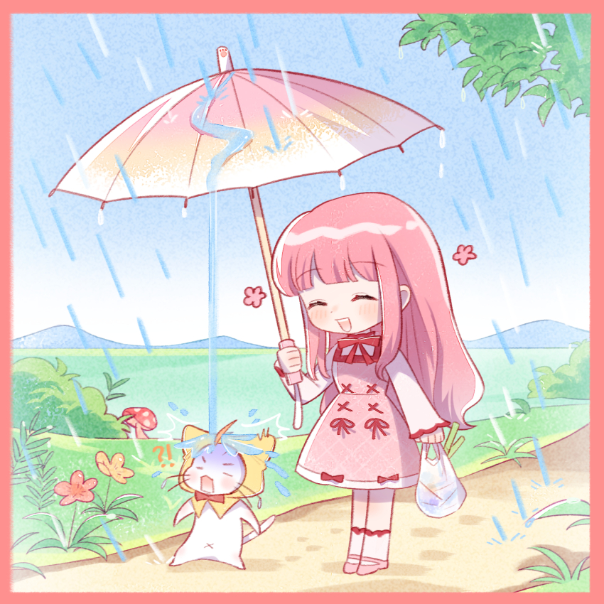 !? 1girl ^^^ ^_^ ahoge animal ankle_socks bag blue_sky blunt_bangs border bow bowtie bush cat chibi chinese_commentary cloak closed_eyes clothed_animal commentary_request cross-laced_clothes cross-laced_dress day dress dress_ribbon ear_covers eyelashes flower grass groceries grocery_bag happy highres holding holding_bag holding_umbrella hood hood_up hooded_cloak light_blush long_hair long_sleeves mary_janes medium_dress momo_(nikki) mountainous_horizon mushroom navel nikki_(nikki) nikki_(series) no_pupils nuan_nuan_-nikki open_mouth outdoors path pinafore_dress pink_border pink_dress pink_flower pink_hair pink_shoes pink_umbrella rain red_bow red_bowtie red_ribbon ribbon road shared_umbrella shining_nikki shirt shoes shopping_bag sidelocks sky sleeveless sleeveless_dress sleeves_past_wrists smile socks spring_onion standing surprised teeth traditional_bowtie tree turn_pale turtleneck turtleneck_shirt umbrella upper_teeth_only v-shaped_eyebrows very_long_hair wet whiskers white_cat white_shirt white_socks yellow_cloak yellow_flower