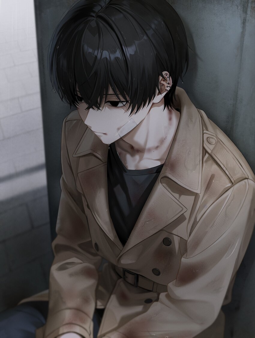 1boy absurdres belt belt_buckle black_eyes black_hair black_shirt blank_eyes blood blood_on_clothes blurry brown_belt brown_coat buckle closed_mouth coat collarbone day expressionless gauze gauze_on_face highres implied_suicide lips long_sleeves male_focus onmoynn original outdoors pants shirt short_hair sitting solo wet wet_clothes wet_hair