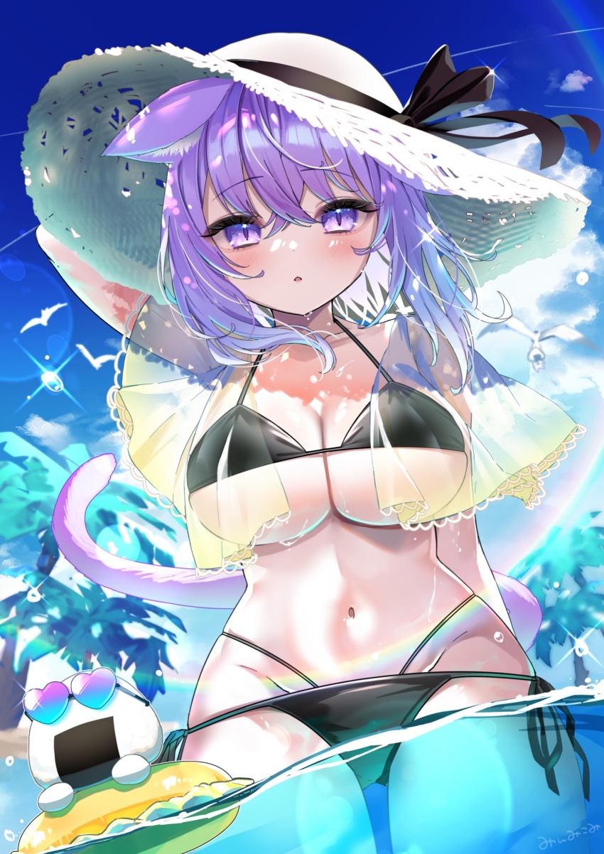 1girl animal_ears bikini black_bikini blush breasts cat_ears cat_girl cat_tail cowboy_shot hat highres hololive komiojisan large_breasts medium_hair nekomata_okayu onigirya_(nekomata_okayu) partially_submerged purple_eyes purple_hair purple_tail side-tie_bikini_bottom slit_pupils solo_focus standing straw_hat summer swimsuit tail virtual_youtuber