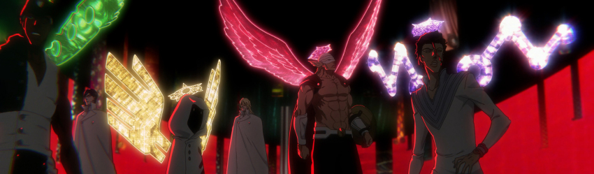 absurdres askin_nakk_le_vaar bleach bleach:_sennen_kessen-hen cape dark-skinned_male dark_skin gerard_valkyrie highres ishida_uryuu jugram_haschwalth lights lille_barro long_image panorama pernida_parnkgjas sternritter tagme topless_male tyrenelindstar white_uniform wide_image wings