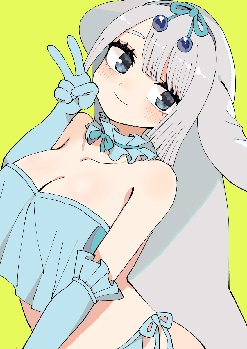 1girl absurdres bare_shoulders blue_eyes breasts choker cleavage dugong_(kemono_friends) elbow_gloves fins gloves grey_hair hair_ornament head_fins highres kanmoku-san kemono_friends large_breasts long_hair looking_at_viewer simple_background solo strapless swimsuit tube_top v yellow_background