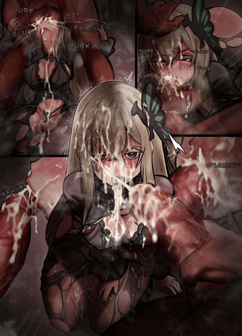 absurdres bukkake cum cum_in_mouth cum_on_body cumdrip echidna_(re:zero) fellatio highres irrumatio jerking oral re:zero_kara_hajimeru_isekai_seikatsu shee_cog sound_effects splurt sword_swallowing_position
