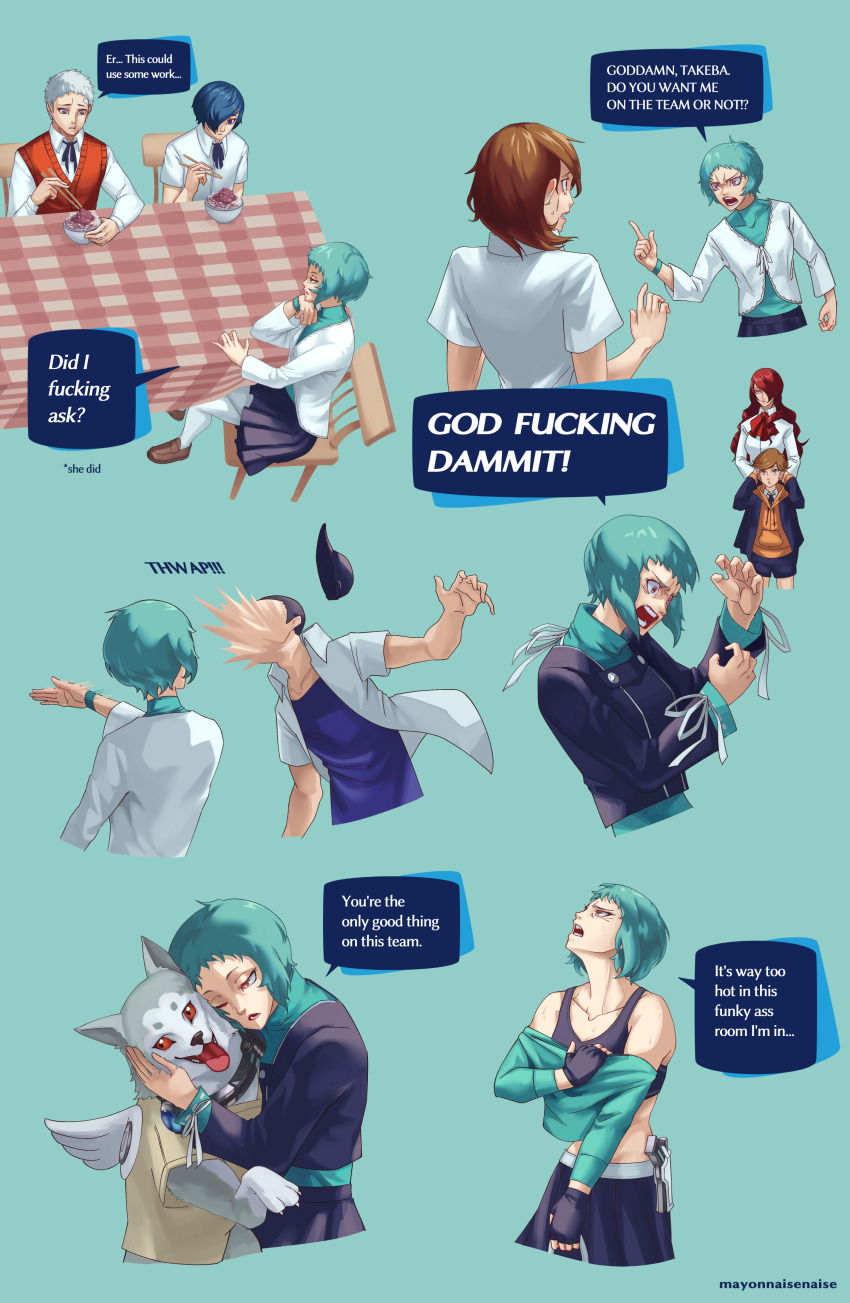 absurdres amada_ken anger_vein angry aqua_background aqua_hair black_jacket blue_eyes blue_hair brown_eyes buttons closed_mouth collared_shirt cropped_torso english_text evoker gekkoukan_high_school_uniform green_ribbon hair_over_one_eye hand_on_another&#039;s_face highres holding iori_junpei jacket kirijou_mitsuru koromaru_(persona) mayonnaisenais3 neck_ribbon open_clothes open_jacket open_mouth out_of_character persona persona_3 ribbon sanada_akihiko school_uniform shirt simple_background takeba_yukari teeth turtleneck white_shirt yamagishi_fuuka yuuki_makoto_(persona_3)