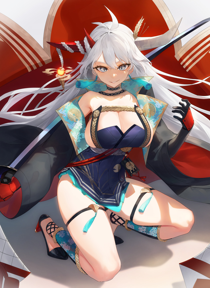 1girl absurdres ahoge asymmetrical_horns azur_lane breasts cleavage dress floral_print gloves grey_eyes grin hair_between_eyes hakuryuu_(azur_lane) high_heels highres holding holding_sword holding_weapon horns jam_(nandade) japanese_clothes lantern large_breasts long_hair looking_at_viewer mismatched_horns sideboob single_bare_shoulder smile solo squatting sword tassel thigh_strap very_long_hair weapon wheat white_hair