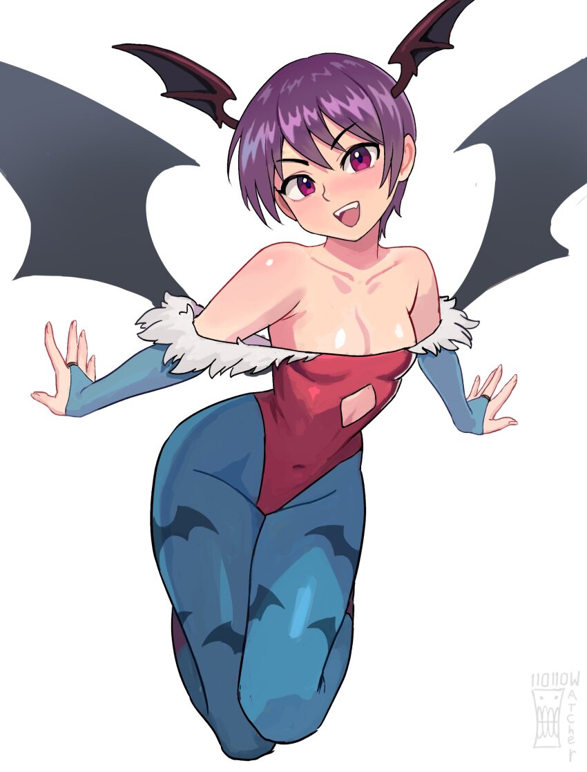 1girl absurdres animal_print bare_shoulders bat_print blue_pantyhose blush breasts collarbone covered_navel darkstalkers demon_girl demon_wings fangs head_wings highres leotard lilith_(darkstalkers) looking_at_viewer open_mouth pantyhose purple_hair red_eyes red_leotard short_hair small_breasts smile solo teeth tongue upper_teeth_only watcher_hollow wings