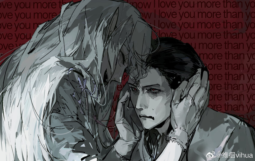 2boys baldur&#039;s_gate baldur&#039;s_gate_3 black_hair cazador_szarr crying dungeons_&amp;_dragons dungeons_&amp;_dragons english_text fang gloves highres looking_at_another multiple_boys pointy_ears portrait red_background red_eyes smile vellioth vihua6 white_hair yandere yaoi