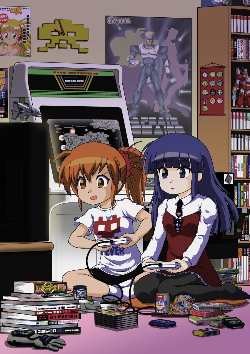 2girls absurdres action_figure alice_in_cyberland arcade_cabinet assault_suit_leynos astro_city black_necktie black_pantyhose black_shirt blunt_bangs book brand_name_imitation brown_eyes brown_hair burning_fight cabinet can captain_commando character_request controller copyright_request crt donkey_kong_(series) dragon_quest dragon_quest_vi dress final_fantasy final_fantasy_iv final_fantasy_v fujisaki_shiori galaga game_cartridge game_console ginga_ojou-sama_densetsu_yuna gynoug highres holding holding_controller indian_style indoors journal kagurazaka_yuna long_hair looking_to_the_side madou_monogatari mario_(series) mario_kart multiple_girls necktie nintendo no_shoes on_floor open_mouth pantyhose ponytail poster_(object) power_glove_(nintendo) product_placement purple_eyes purple_hair puyopuyo r-type red_dress shirt short_necktie sitting socks sonic_(series) space_invaders tales_of_(series) tales_of_symphonia tokimeki_memorial virtua_fighter wariza white_shirt white_socks wonder_momo xevious yuki! yuki_akira zico_soccer
