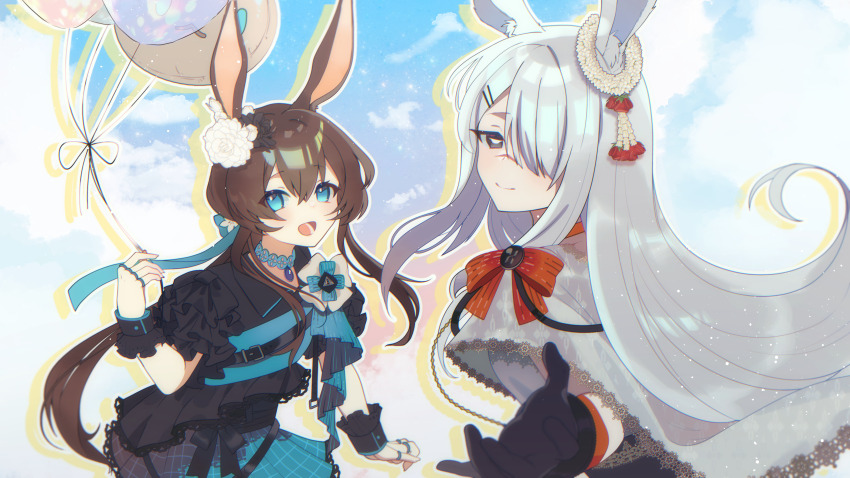 2girls :d absurdres aki&#039;z amiya_(arknights) animal_ears arknights balloon black_gloves black_shirt blue_choker blue_eyes brown_hair capelet choker closed_mouth commentary commentary_request english_commentary flower frostnova_(arknights) gloves grey_capelet grey_eyes grey_hair hair_between_eyes hair_flower hair_ornament hair_over_one_eye highres holding holding_balloon jewelry lace-trimmed_capelet lace_trim light_particles long_hair lower_teeth_only mixed-language_commentary multiple_girls multiple_rings one_eye_covered open_mouth partial_commentary ring scar scar_on_face scar_on_nose shirt smile teeth white_flower