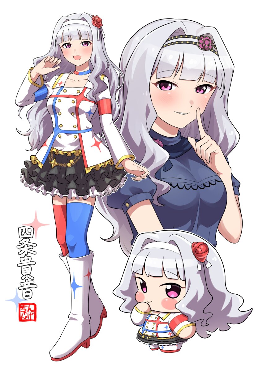 1girl absurdres black_shirt black_skirt blue_choker blue_thighhighs blunt_bangs blush blush_stickers boots chain character_name chibi chibi_inset choker eyelashes finger_to_mouth flower frilled_skirt frills full_body gold_trim hair_flower hair_ornament hairband highres idolmaster idolmaster_(classic) idolmaster_million_live! idolmaster_million_live!_theater_days long_hair long_sleeves looking_at_viewer mismatched_thighhighs multicolored_choker multicolored_hairband multiple_views ngetyan no_sclera official_alternate_costume parted_lips pink_eyes puffy_short_sleeves puffy_sleeves red_choker red_flower red_thighhighs shijou_takane shirt short_sleeves shushing signature skirt smile solo sparkle sparkle_print starpiece_memories_(idolmaster) thighhighs turtleneck upper_body wavy_hair white_background white_boots white_hair white_hairband