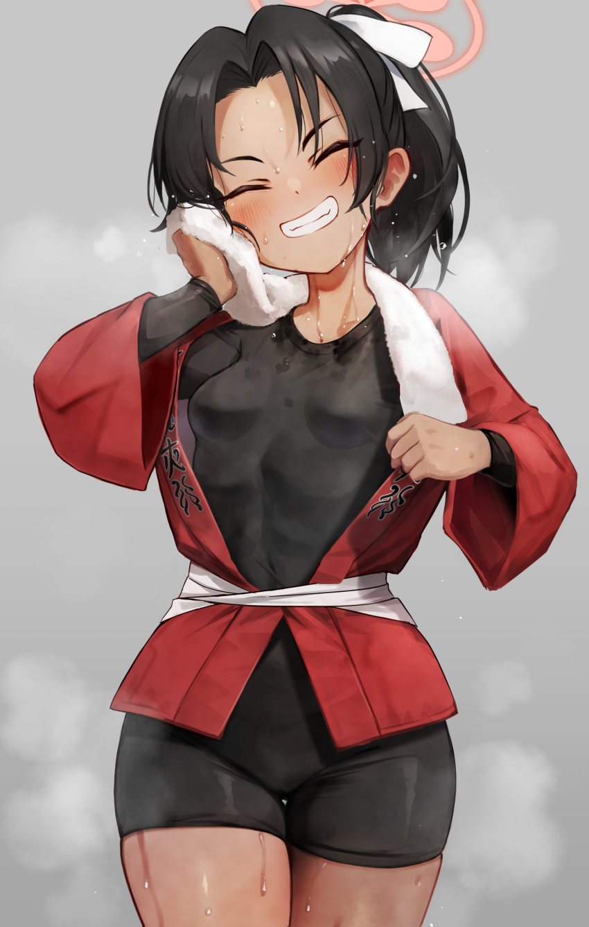 1girl absurdres black_hair blue_archive blush breasts closed_eyes commentary_request cowboy_shot dark-skinned_female dark_skin facing_viewer grin hair_ribbon halo highres japanese_clothes kai_(esugi) long_hair long_sleeves pink_halo ponytail ribbon rickshaw_student_(blue_archive) small_breasts smile solo steam steaming_body sweat sweaty_clothes thighs towel towel_on_head wet wet_clothes wet_hair white_ribbon
