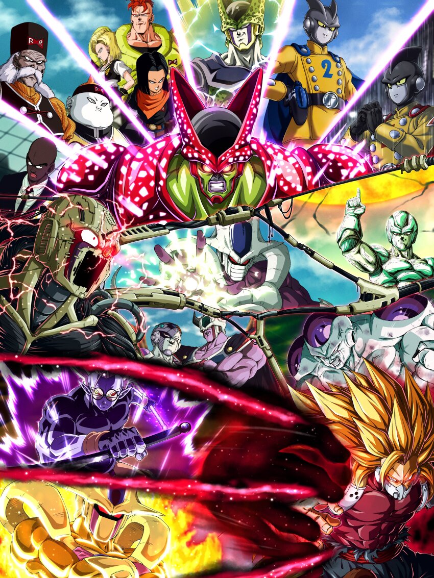 abs absurdres android_16 android_17 android_18 android_19 anger_vein aura bead_necklace beads black_(dragon_ball) black_gloves black_hair black_vest blue_cape blue_eyes brother_and_sister bruise bruise_on_face cape cell_(dragon_ball) cell_max clenched_teeth colored_sclera colored_skin commentary_request cooler_(dragon_ball) crossed_arms cumber cyborg dark-skinned_male dark_skin dr._gero_(dragon_ball) dragon_ball dragon_ball_(classic) dragon_ball_heroes dragon_ball_super dragon_ball_super_super_hero dragonball_z earrings electricity evil_grin evil_smile facial_hair fifth_form_(dragon_ball) formal_clothes frieza frown fu_(dragon_ball) full_power_frieza gamma_1 gamma_2 glasses gloves glowing glowing_eyes golden_cooler grey_eyes grin gun hat highres holding holding_sword holding_weapon horns injury jewelry king_cold mask mecha_frieza meta-cooler mohawk muscular muscular_male mustache neckerchief necklace necktie old old_man orange_hair orange_neckerchief own_hands_together perfect_cell pointy_ears purple_skin red_ribbon_army red_sclera reverse_grip siblings smile staff_officer_black suit super_saiyan supernova_(dragon_ball) sword teeth twins very_dark_skin vest wai_(y48754085) weapon white_hair yellow_eyes