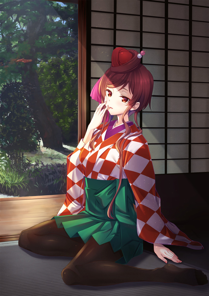1girl black_pantyhose brown_hair green_skirt highres japanese_clothes kimono looking_at_viewer murasaki_atsushi pantyhose plaid_clothes plaid_kimono red_eyes sitting skirt solo tree yuugiri_(zombie_land_saga) zombie_land_saga