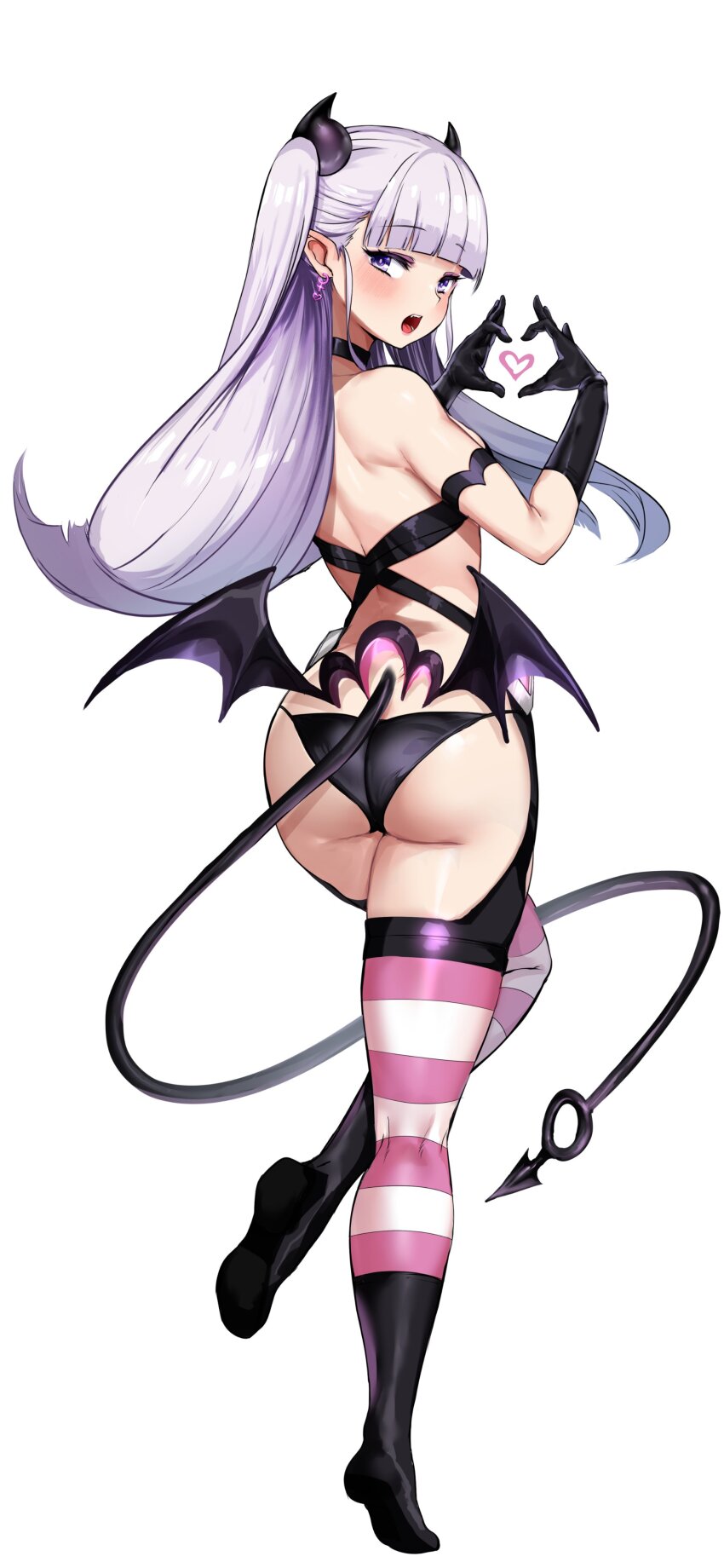 1girl absurdres agetama arm_strap bare_shoulders black_gloves black_panties blush demon_girl demon_tail demon_wings earrings elbow_gloves full_body gloves heart heart_hands highres horns jewelry long_hair looking_at_viewer looking_back low_wings naruse_maria open_mouth panties purple_eyes purple_hair shinmai_maou_no_testament simple_background solo striped_clothes striped_thighhighs tail thighhighs underwear white_background wings