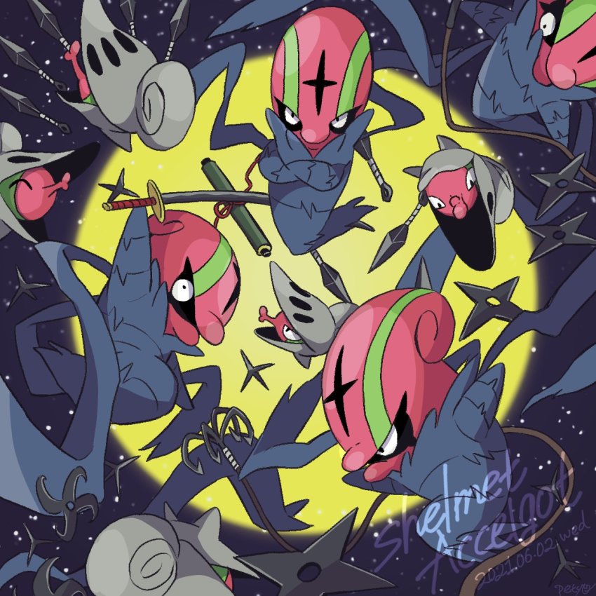 accelgor black_eyes caltrops character_name commentary_request dated evolutionary_line gen_5_pokemon highres holding holding_sword holding_weapon hook kunai looking_at_viewer moon night nintendo no_humans outdoors petyo pokemon pokemon_(creature) shelmet shuriken signature sky star_(sky) sword weapon