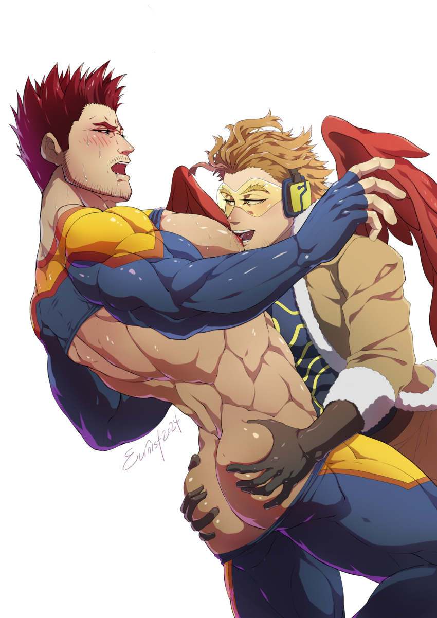 2boys abs ass bara bare_pectorals black_gloves blonde_hair blue_bodysuit blush bodysuit boku_no_hero_academia brown_jacket brown_pants burn_scar clothes_lift endeavor_(boku_no_hero_academia) evinist gloves grabbing_another&#039;s_ass groping hawks_(boku_no_hero_academia) highres jacket large_pectorals male_focus mature_male multiple_boys muscular muscular_male nipples open_clothes open_jacket open_mouth orange_bodysuit pants pectorals red_hair scar scar_on_face short_hair two-tone_bodysuit yaoi