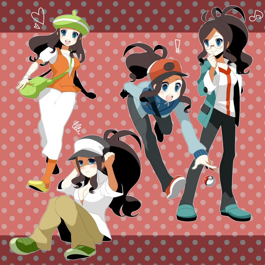 baseball_cap bianca_(pokemon) bianca_(pokemon)_(cosplay) blue_eyes brown_hair cheren_(pokemon) cheren_(pokemon)_(cosplay) cosplay glasses hat highres hilbert_(pokemon) hilda_(pokemon) n_(pokemon) n_(pokemon)_(cosplay) nintendo orange_pantyhose pantyhose poke_ball pokemon pokemon_bw ponytail rkp