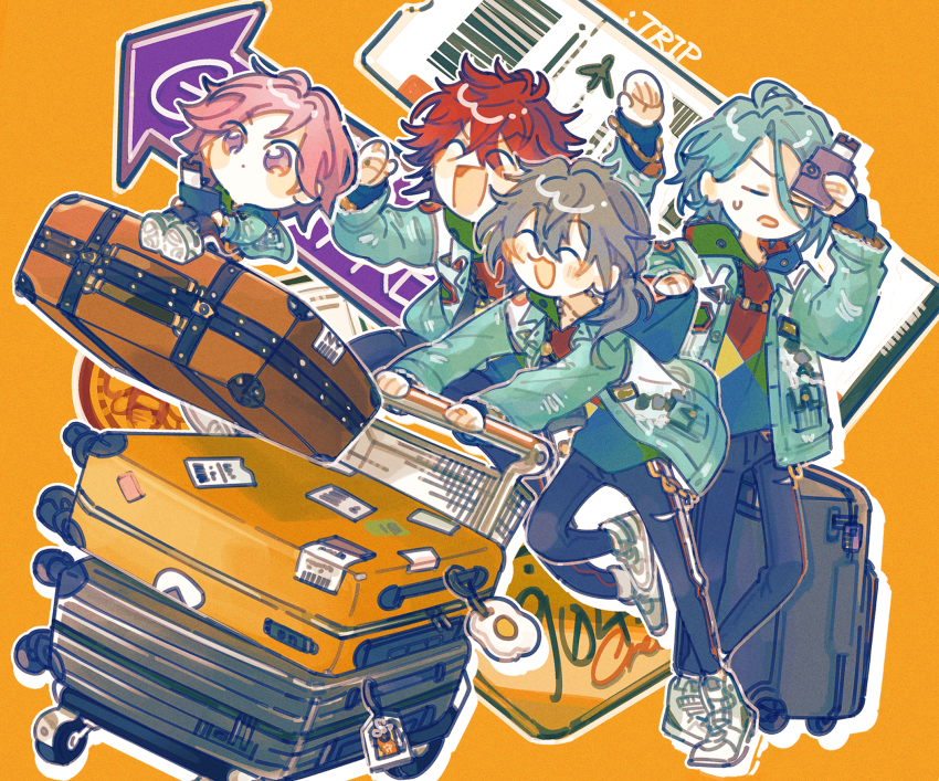 4boys :3 =_= ^_^ amagi_rinne aqua_jacket arms_up blue_hair blue_shirt cart chain charm_(object) chibi closed_eyes closed_mouth crazy_b_(ensemble_stars!) egg_(food) ensemble_stars! food full_body green_shirt grey_hair hair_between_eyes hand_truck highres himeru_(ensemble_stars!) hood hooded_shirt itsuki_shu jacket leg_up long_sleeves low_ponytail male_focus milemon_0118 multicolored_shirt multiple_boys open_mouth orange_eyes passport pink_hair ponytail purple_eyes pushing pushing_cart red_eyes red_shirt road_sign shiina_niki shirt shoes short_hair sign simple_background sneakers suitcase sweat ticket white_footwear yellow_shirt