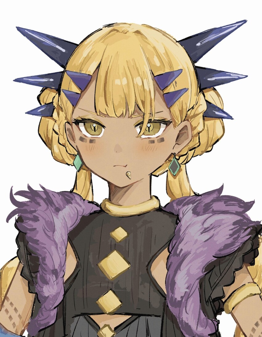 1girl aged_down blonde_hair breasts chin_piercing dark-skinned_female dark_skin dragon_girl dragon_horns face_piercing facial_mark fate/grand_order fate_(series) fgo_si highres horns long_hair looking_at_viewer piercing small_breasts smile solo vritra_(fate) yellow_eyes
