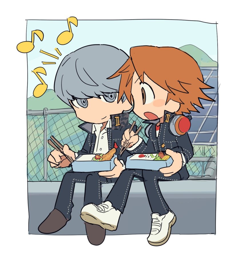 2boys bento brown_hair chopsticks eating food grey_hair hanamura_yousuke headphones headphones_around_neck highres holding holding_bento holding_chopsticks looking_at_another multiple_boys musical_note narukami_yu nt_26 persona persona_4 school_uniform sitting yasogami_school_uniform