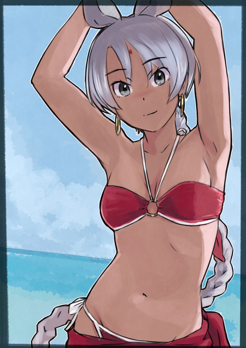 1girl absurdres animal_ears armpits arms_up bikini blue_sky braid braided_ponytail breasts closed_mouth day earrings extra_ears facial_mark forehead_mark grey_eyes grey_hair groin halterneck highres hoop_earrings horizon indian_rhinoceros_(kemono_friends) jewelry kemono_friends long_braid long_hair looking_at_viewer lowleg lowleg_bikini medium_breasts navel o-ring o-ring_bikini o-ring_top ocean outdoors rhinoceros_ears sarong side-tie_bikini_bottom single_braid sky smile solo stomach swimsuit tan toriny upper_body very_long_hair water