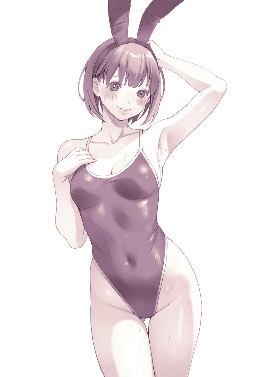 1girl absurdres animal_ears armpits black_one-piece_swimsuit breasts collarbone covered_navel cowboy_shot fake_animal_ears hair_behind_ear hand_on_own_chest hand_on_own_head highleg highleg_one-piece_swimsuit highres macosee medium_breasts medium_hair monochrome one-piece_swimsuit rabbit_ears school_swimsuit simple_background smile solo swimsuit thigh_gap water_drop white_background wispy_bangs