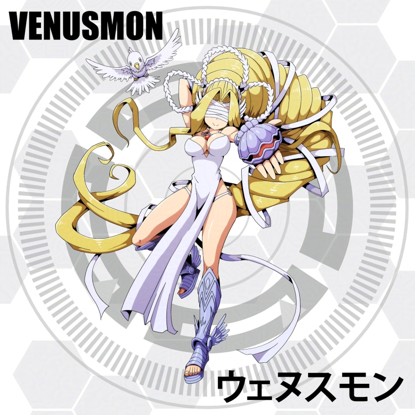 blindfold digimon digimon_(creature) highres hotan_(digimon) long_hair olive_(digimon) olympos_xii venusmon very_long_hair wings
