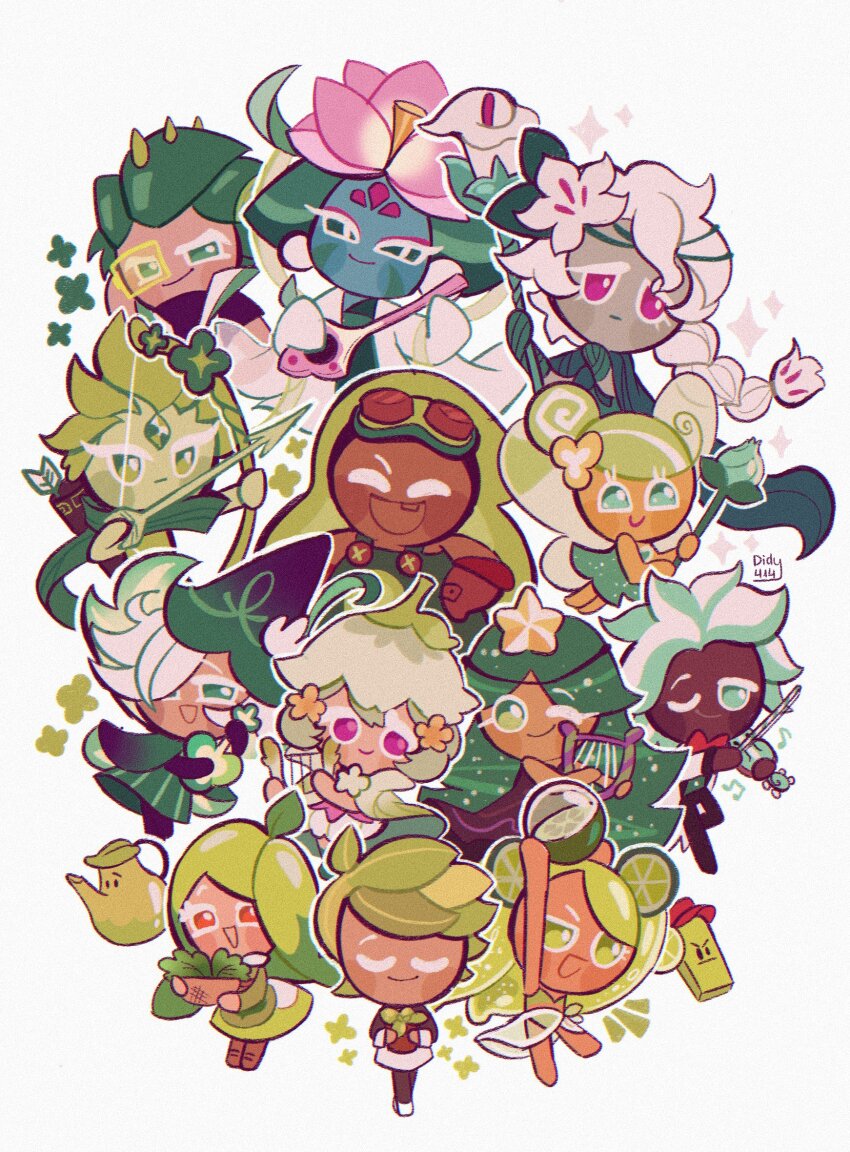 1other 4boys 6+girls :d ;) ^_^ aloe_cookie arrow_(projectile) avocado_cookie ball bass_guitar beachball bow_(music) bow_(weapon) braid bright_pupils brown_dress brown_gloves carol_cookie chromatic_aberration closed_eyes closed_mouth clover_cookie colored_skin commentary cookie_run cookie_run:_kingdom cookie_run:_ovenbreak dark-skinned_female dark_skin didy414 dress english_commentary fairy_cookie film_grain flower flower_pot full_body gloves green_dress green_eyes green_hair green_hat green_overalls green_skin green_theme green_wings hat herb_cookie herb_teapot highres holding holding_arrow holding_ball holding_bass_guitar holding_beachball holding_bow_(music) holding_bow_(weapon) holding_flower_pot holding_instrument holding_lyre holding_staff holding_violin holding_weapon instrument lilybell_cookie lime_cookie long_hair looking_at_viewer lotus_dragon_cookie lyre mint_choco_cookie mr._limeguard multiple_boys multiple_girls one_eye_closed open_mouth outline overalls pink_eyes pink_flower short_hair simple_background single_braid sleeveless sleeveless_dress slit_pupils smile sparkle spinach_cookie staff twintails u_u violin weapon white_background white_flower white_hair white_lily_cookie white_outline white_pupils wind_archer_cookie wings